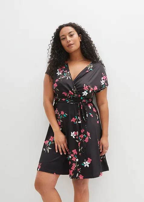 Jerseykleid in Wickeloptik in schwarz von vorne (Totalaufnahme) - bonprix