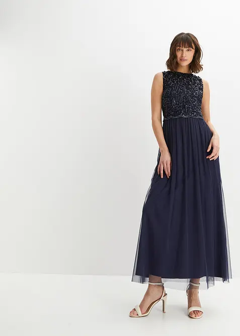 Maxikleid mit Paillettenstickerei in blau im Look von vorne (Totalaufnahme) - bonprix