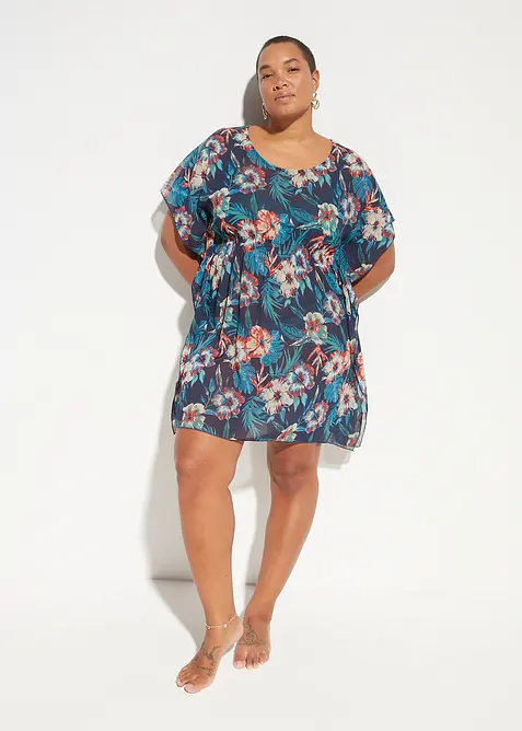 Lange Strandtunika aus leichtem Chiffon in blau von vorne (im Anschnitt) - bonprix