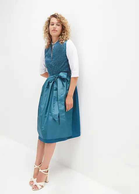 Dirndl mit Jacquardmuster und Schürze in Midilänge (2-tlg.Set) in petrol im Look von vorne (Totalaufnahme) - bonprix