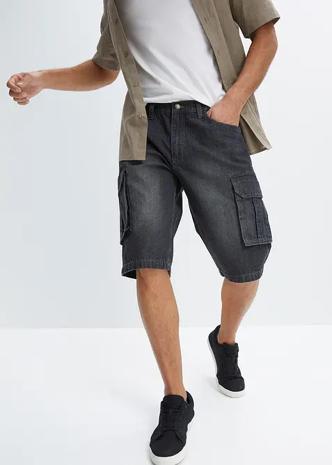 Cargo-Jeans-Longbermuda, Relaxed Fit in schwarz von vorne - bonprix