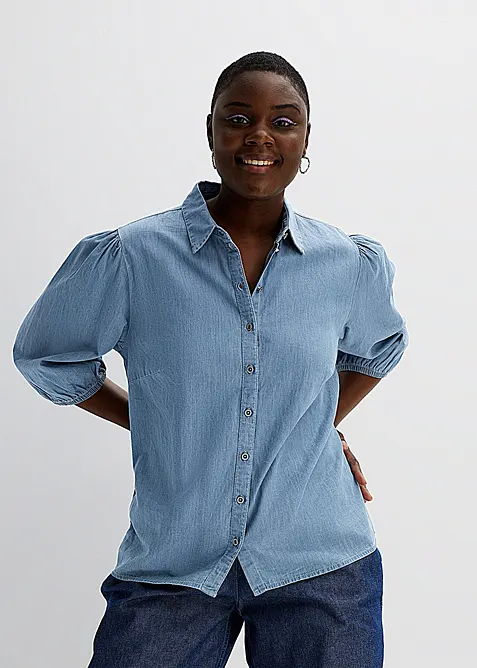 Jeansbluse mit Puffärmeln aus Bio-Baumwolle in blau von vorne (im Anschnitt) - bonprix