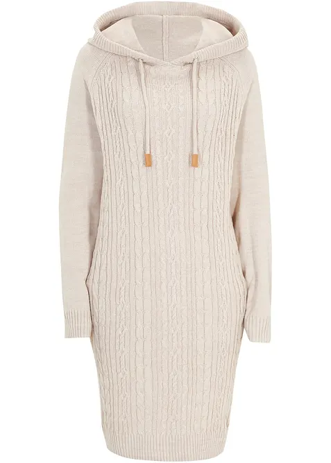 Kapuzen-Strickkleid mit Zopfmuster in beige von vorne - bonprix