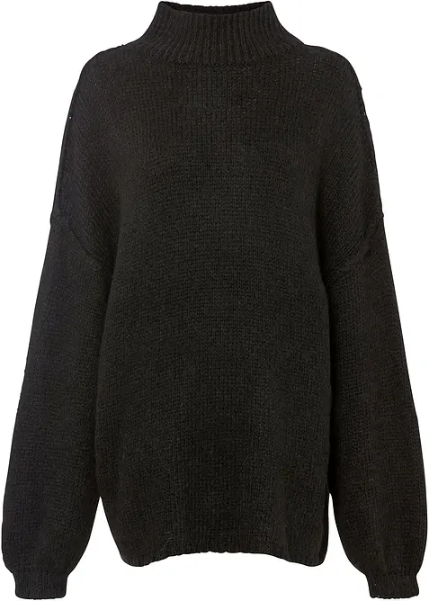 Grobstrick-Pullover mit hohem Kragen in schwarz von vorne - bonprix