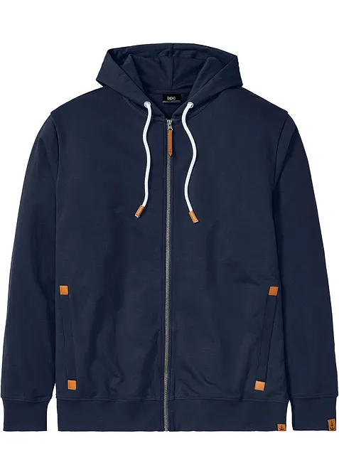 Kapuzen-Sweatjacke mit Lederimitat-Details in blau von vorne - bonprix