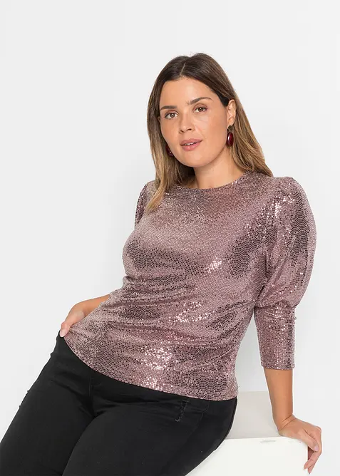 Pailletten-Shirt mit Puffärmeln in 3/4-Länge in rosa von vorne (im Anschnitt) - bonprix