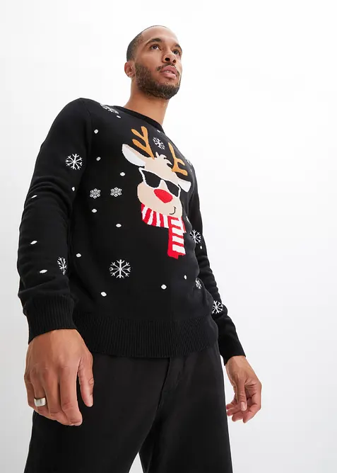 Feinstrickpullover mit Weihnachtsmotiv in schwarz von vorne (im Anschnitt) - bonprix