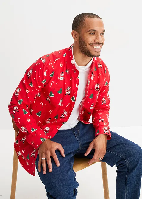 Langarmhemd mit Weihnachtsmotiv aus reiner Baumwolle in rot von vorne (im Anschnitt) - bonprix