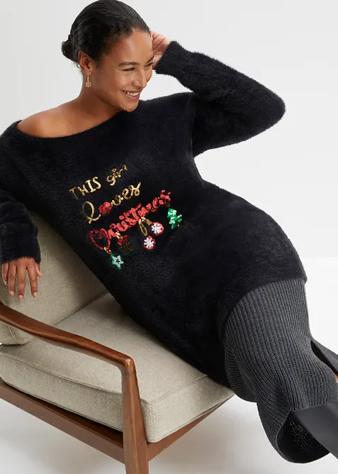 Off-Shoulder-Pullover mit Weihnachtsmotiv in schwarz von vorne (im Anschnitt) - bonprix