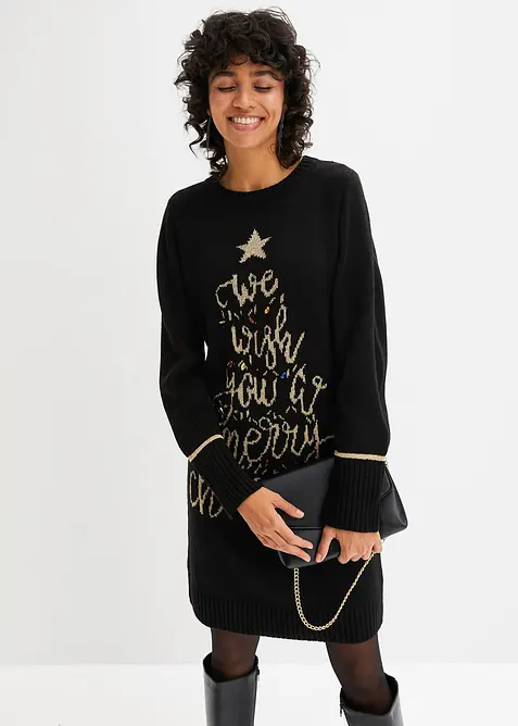 Strickkleid mit Weihnachtsmotiv in schwarz von vorne (Totalaufnahme) - bonprix