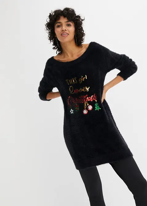 Off-Shoulder-Pullover mit Weihnachtsmotiv in schwarz von vorne (im Anschnitt) - bonprix