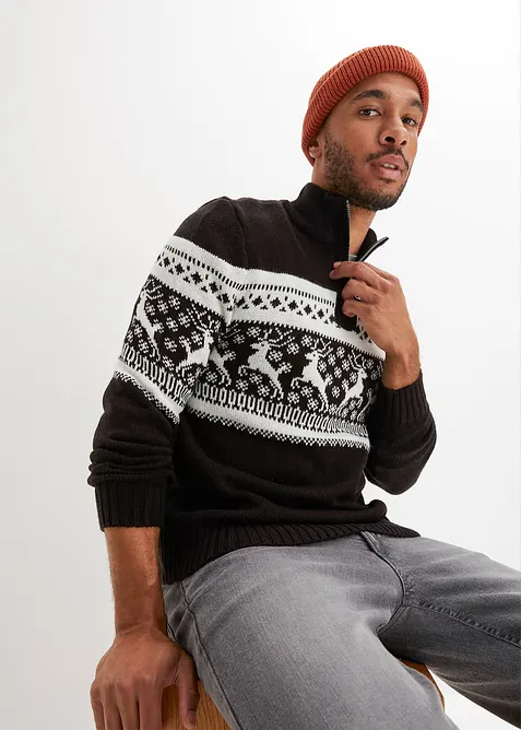 Norweger-Pullover in Regular Fit in schwarz von vorne (im Anschnitt) - bonprix