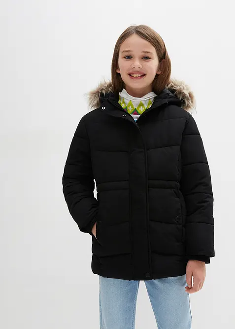warm gefütterte Steppjacke mit Fellkapuze in schwarz von vorne (im Anschnitt) - bonprix