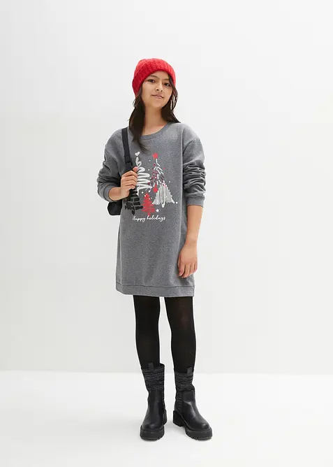 Sweatkleid mit Pailletten in grau von vorne (Totalaufnahme) - bonprix