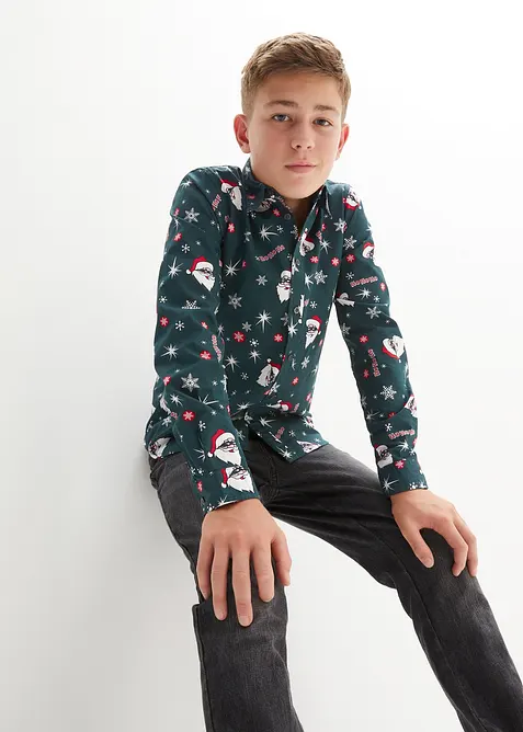 Langarmhemd mit Weihnachtsmotiv, Slim Fit in grün von vorne (im Anschnitt) - bonprix