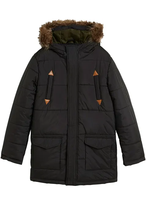 Winterparka mit Lederimitat-Details und Fellkapuze in schwarz von vorne - bonprix