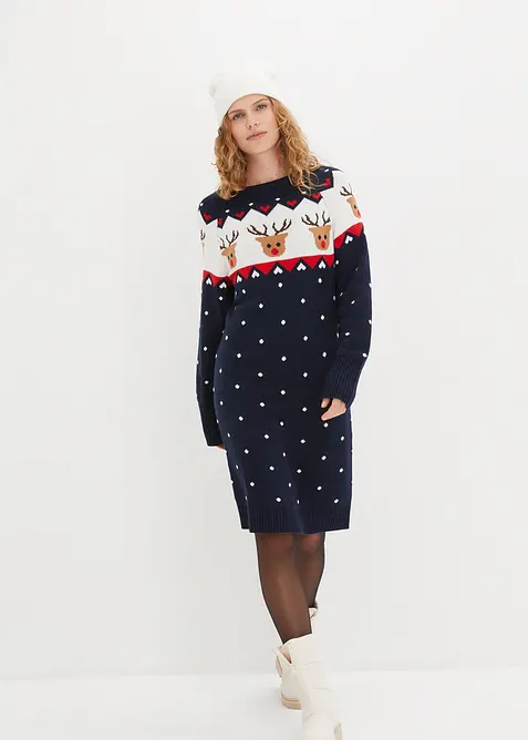 Strickkleid mit Weihnachtsmotiv in blau von vorne (Totalaufnahme) - bonprix