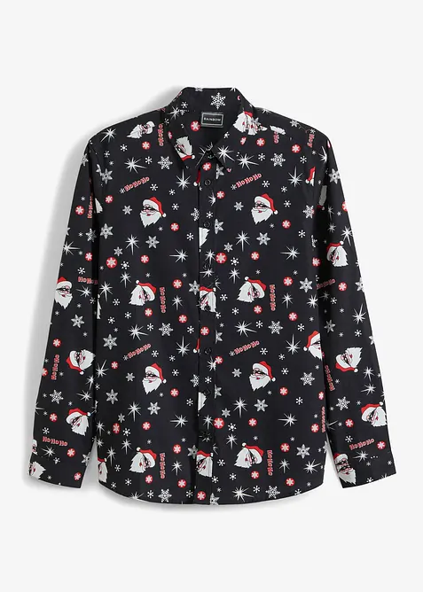 Langarmhemd mit Weihnachts-Druck aus reiner Baumwolle, Slim Fit in schwarz von vorne - bonprix