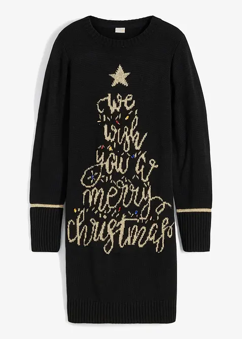 Strickkleid mit Weihnachtsmotiv in schwarz von vorne - bonprix