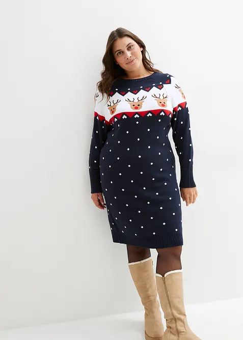 Strickkleid mit Weihnachtsmotiv in blau von vorne (Totalaufnahme) - bonprix