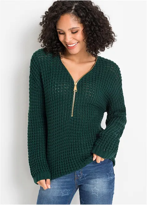 Grobstrick-Pullover mit Reißverschluss-Detail in grün von vorne (im Anschnitt) - bonprix