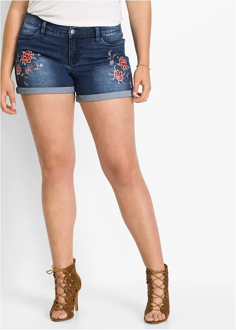 Jeans-Shorts Mid Waist, Stickerei in blau von vorne - bonprix