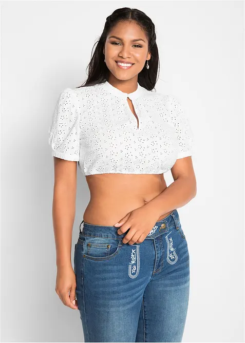 Dirndlbluse mit Lochspitze in weiß von vorne (im Anschnitt) - bonprix