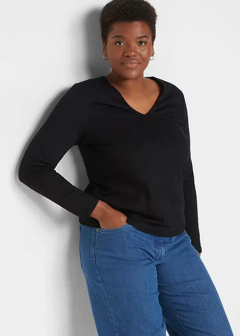 Langarmshirt mit reiner Bio-Baumwolle in schwarz von vorne (im Anschnitt) - bonprix