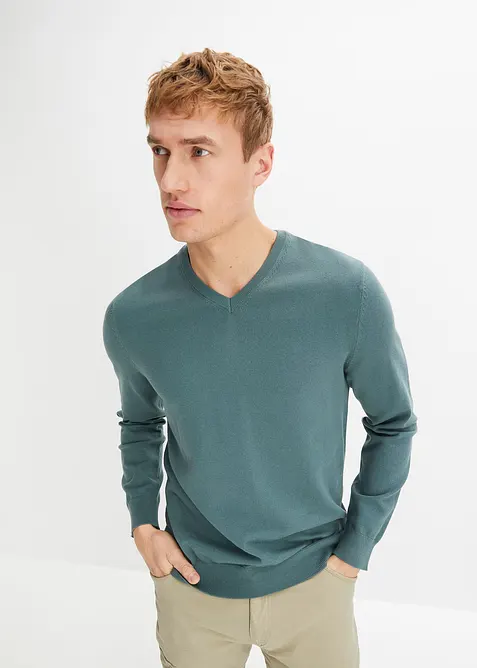 Feinstrickpullover aus weichem Baumwollmix in grün von vorne (im Anschnitt) - bonprix
