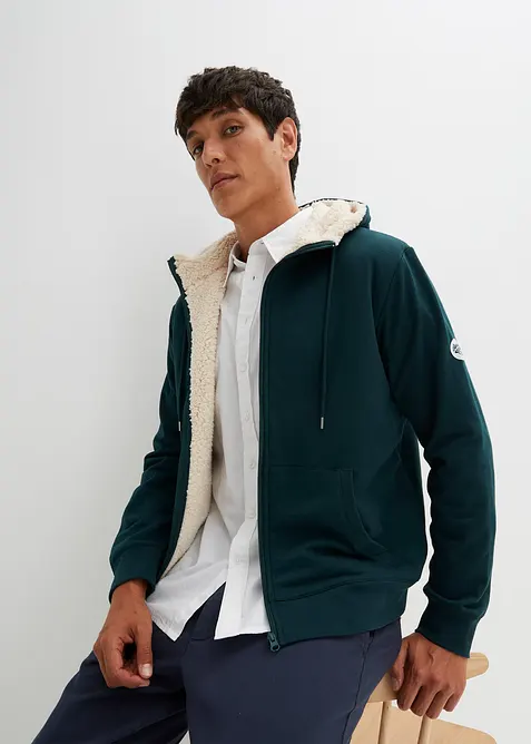 Thermo-Sweatjacke mit flauschigem Teddyfleece in grün von vorne (im Anschnitt) - bonprix