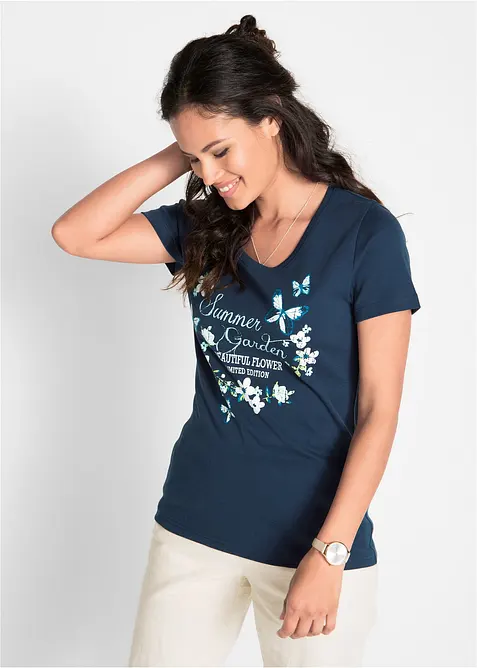 Baumwoll Shirt, Kurzarm in blau von vorne (im Anschnitt) - bonprix