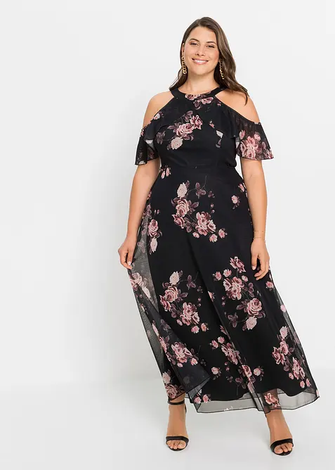 Maxikleid aus Mesh in schwarz von vorne (Totalaufnahme) - bonprix