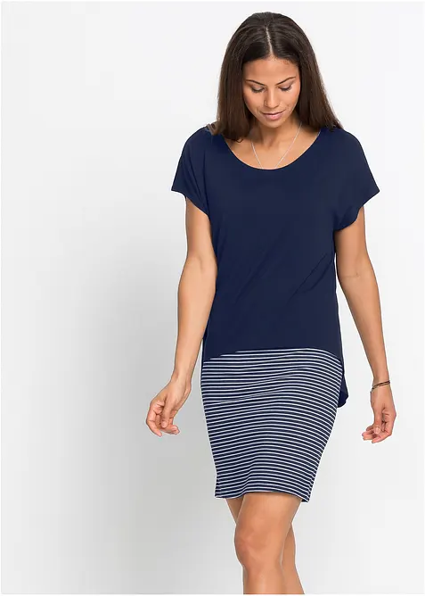 Jerseykleid mit Streifenrock in blau von vorne (Totalaufnahme) - bonprix