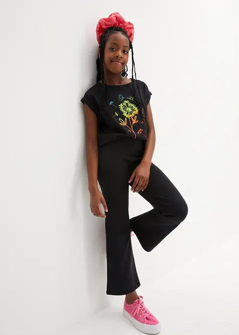 T-Shirt + Leggings Flared aus reiner Bio-Baumwolle (2tlg. Set) in schwarz von vorne (Totalaufnahme) - bonprix