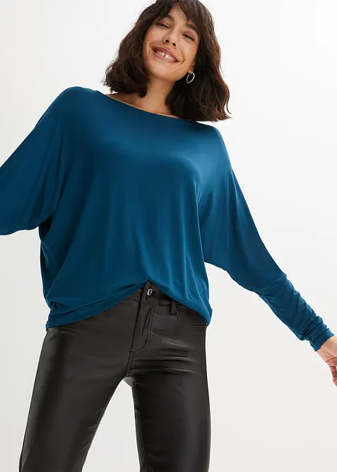 Langarmshirt aus softem Viskose-Mix in petrol von vorne (im Anschnitt) - bonprix