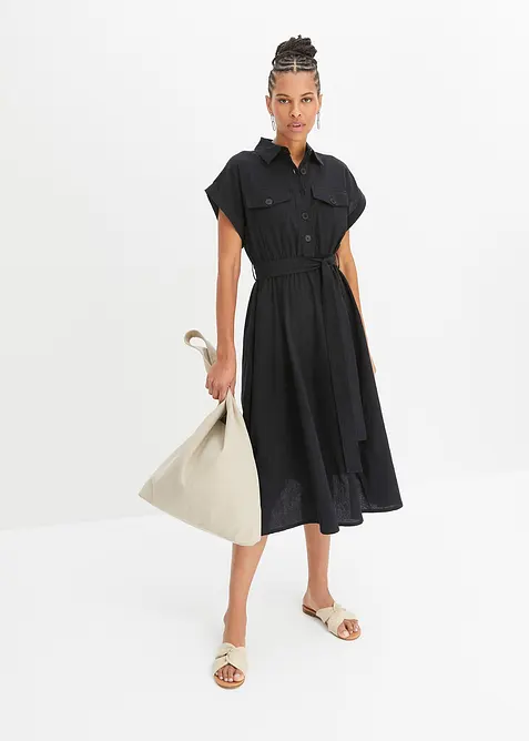 Midikleid aus reiner Baumwolle in schwarz im Look von vorne (Totalaufnahme) - bonprix
