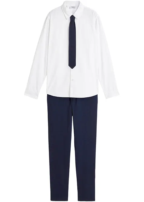Chinohose, Langarmhemd und Krawatte (3-tlg.Set) in blau von vorne - bonprix