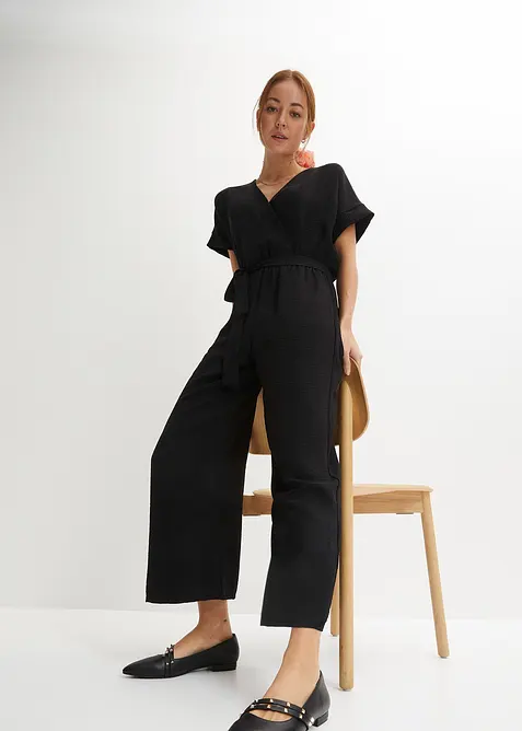 Kurzarm-Overall in schwarz von vorne (Totalaufnahme) - bonprix