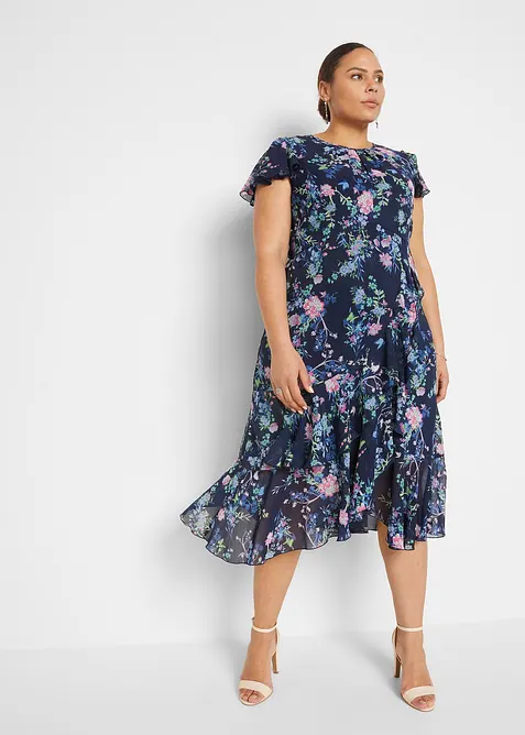 Chiffonkleid mit Flügelärmel in blau von vorne (Totalaufnahme) - bonprix