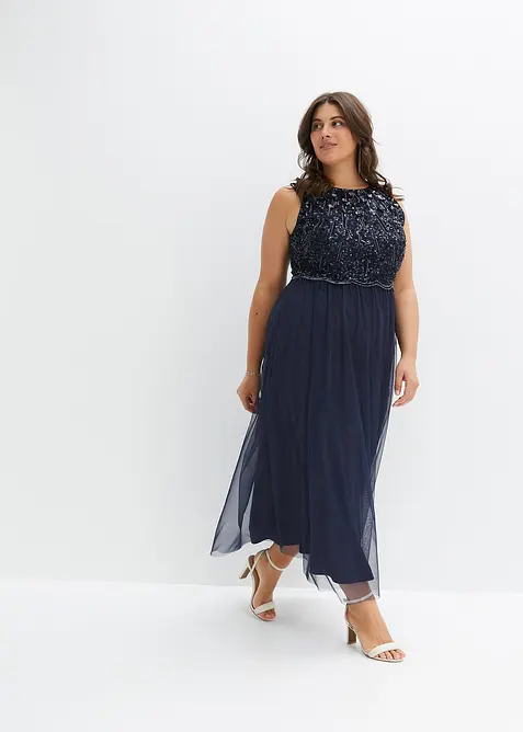 Maxikleid mit Paillettenstickerei in blau von vorne (Totalaufnahme) - bonprix
