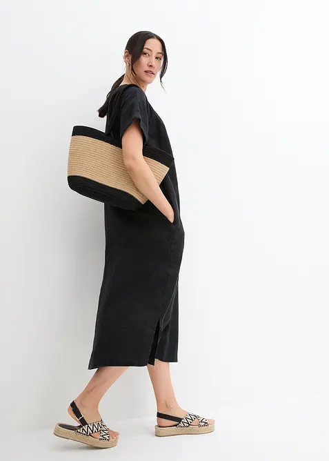 Kaftan-Kleid aus reinem Leinen in schwarz im Look von vorne (Totalaufnahme) - bonprix