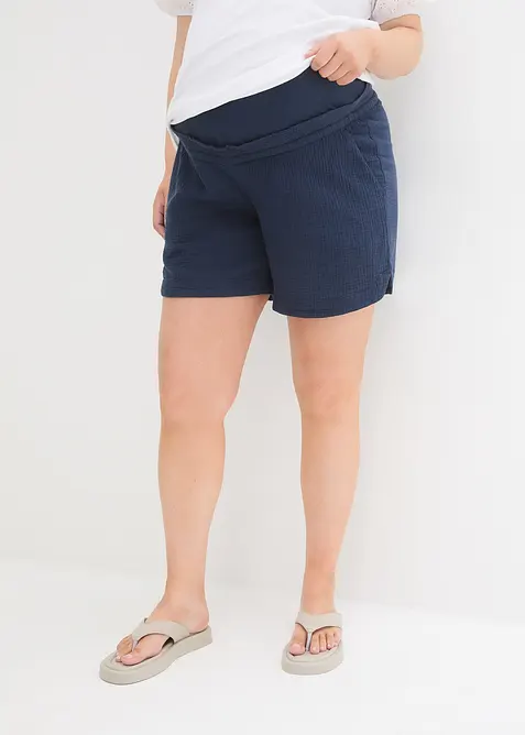 Umstandsshorts aus reinem Baumwoll-Musselin in blau von vorne - bonprix