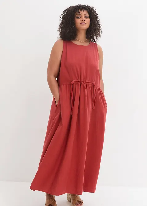 Maxikleid aus luftigem Leinen-Mix in rot von vorne (Totalaufnahme) - bonprix