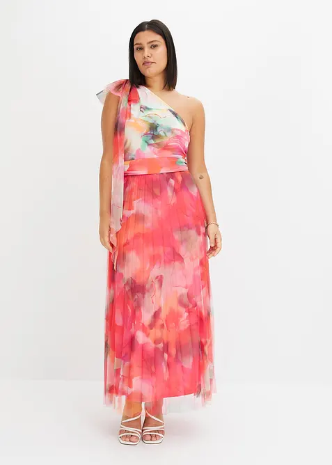 One-Shoulder-Kleid mit plissiertem Tüllrock in pink von vorne (Totalaufnahme) - bonprix