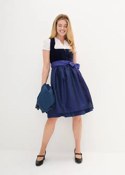 Dirndl mit Samt-Mieder und Satin-Schürze (2-tlg.Set) in blau im Look von vorne (Totalaufnahme) - bonprix