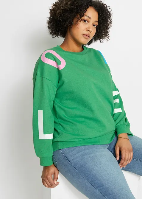 Oversize-Sweatshirt aus weichem Baumwoll-Mix in grün von vorne (im Anschnitt) - bonprix