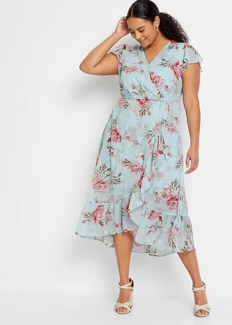 Chiffonkleid mit Volants in blau von vorne (Totalaufnahme) - bonprix
