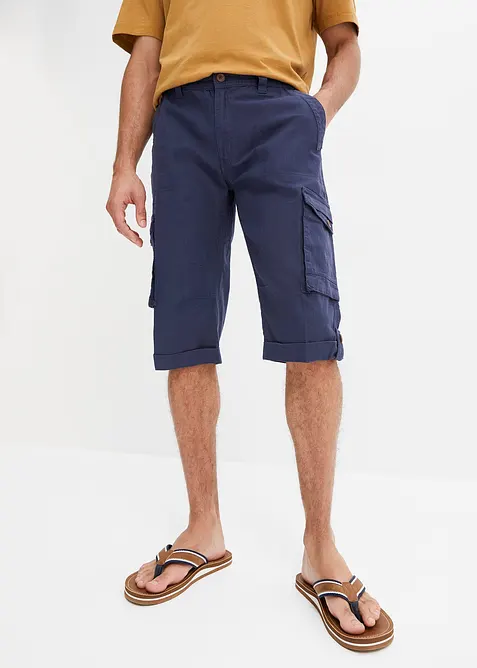 Regular Fit Cargo-Long-Bermuda aus luftigem Leinen-Mix in blau von vorne - bonprix