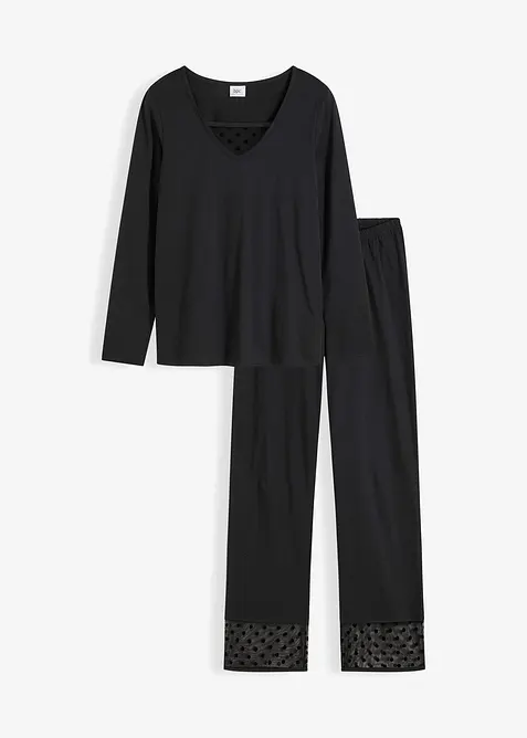 Pyjama mit zartem Mesh in schwarz von vorne - bonprix