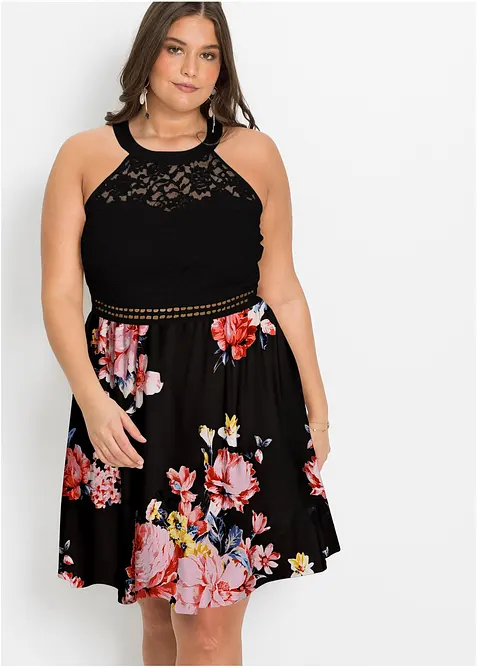 Jerseykleid mit Spitze in schwarz von vorne (Totalaufnahme) - bonprix